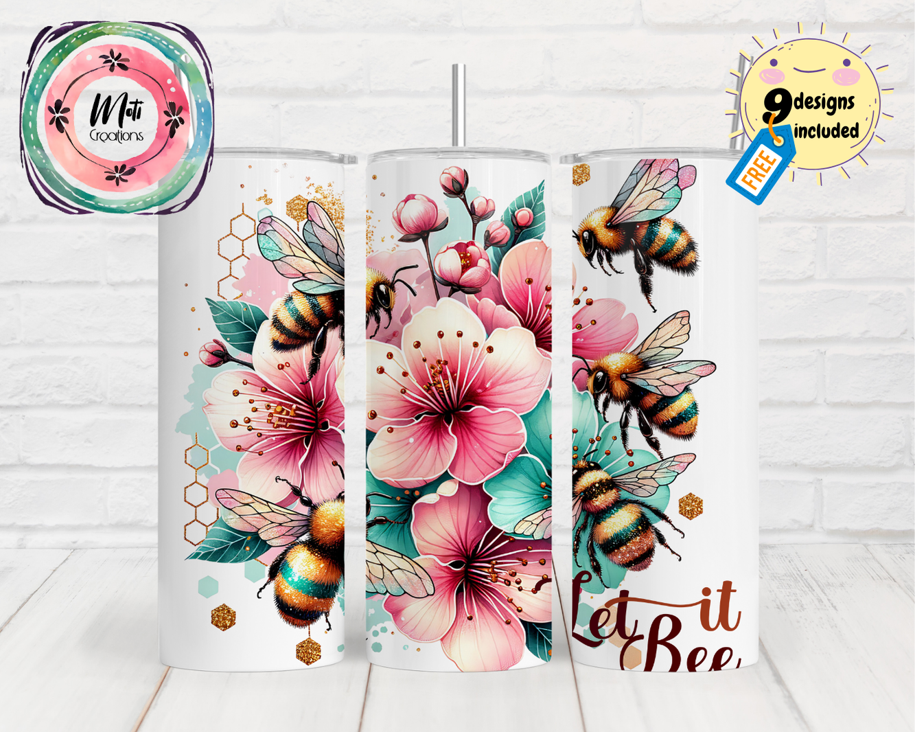 a set of three tumbles with flowers and bees on them