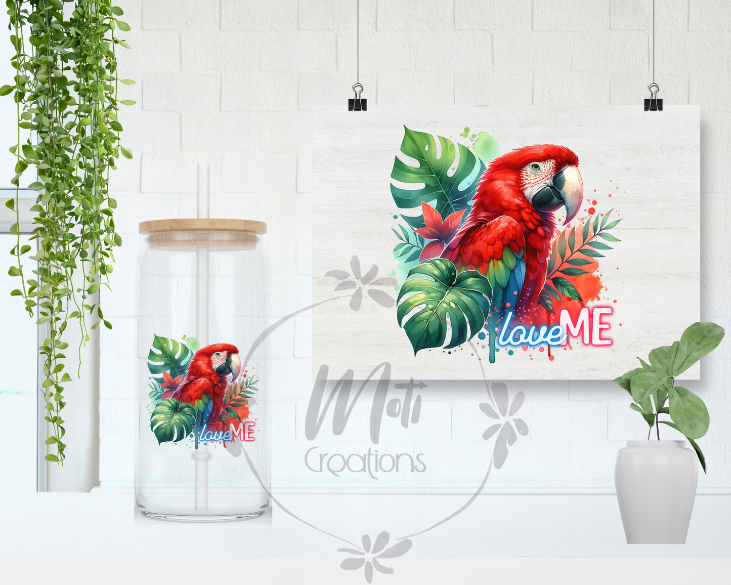 a painting of a red parrot on a white wall next to a potted plant