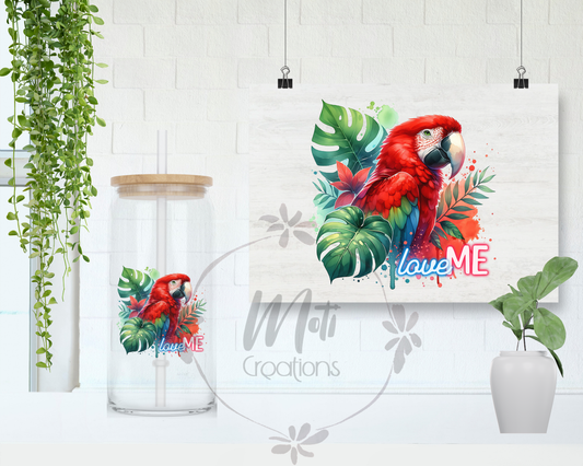 a painting of a red parrot on a white wall next to a potted plant