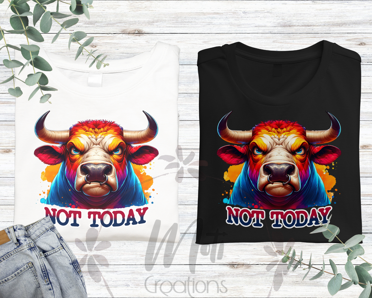 two t - shirts with a bull's head on them