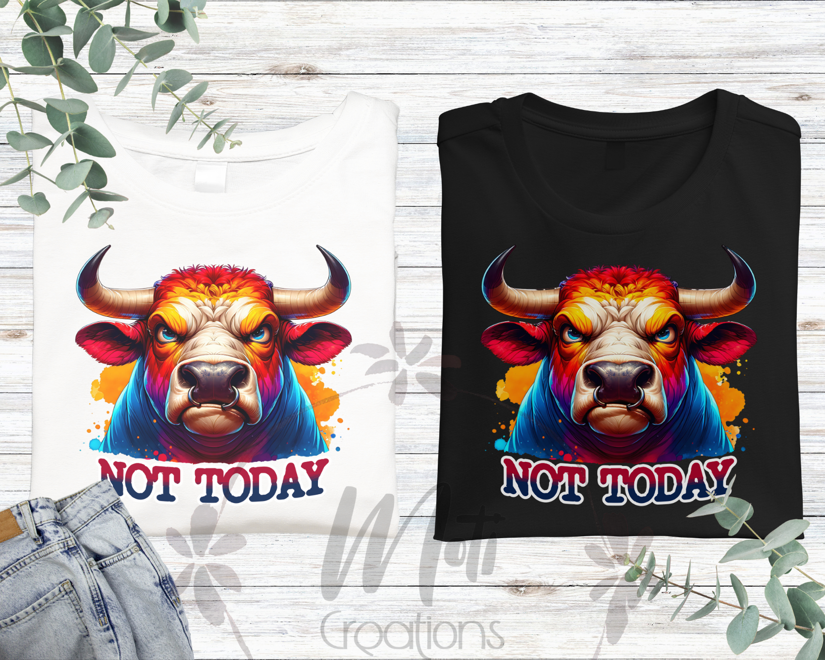 two t - shirts with a bull's head on them