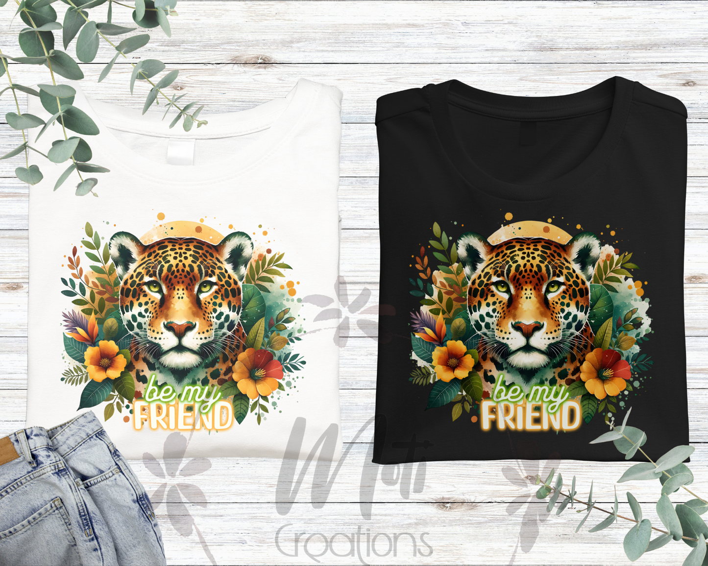 two t - shirts with a tiger and flowers on them